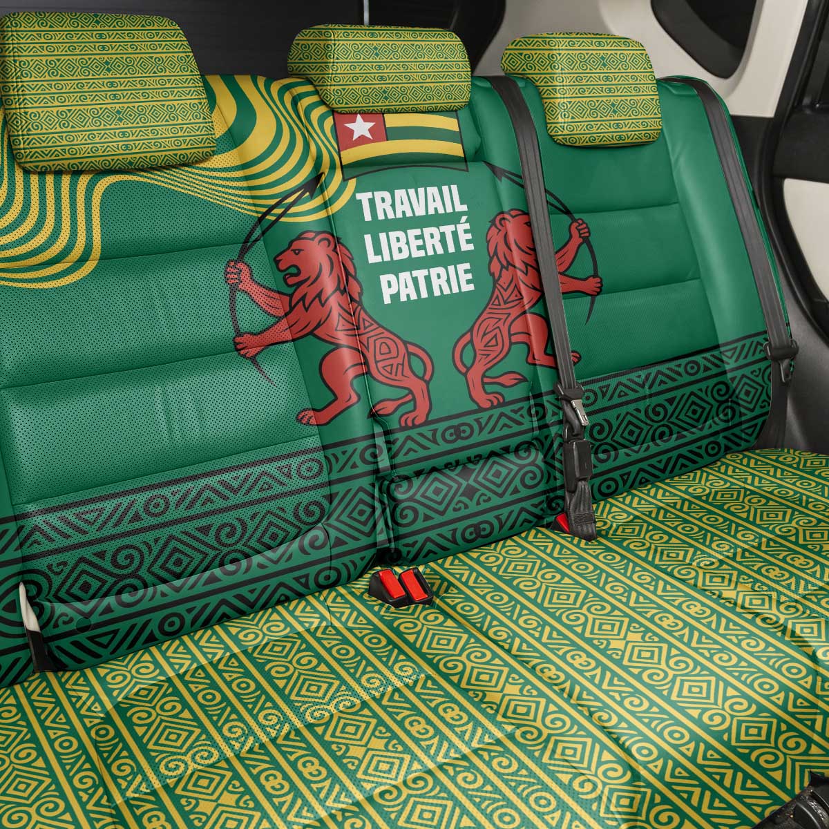 Togo Back Car Seat Cover with Red Twin Lions and Travail Liberté Patrie Slogan