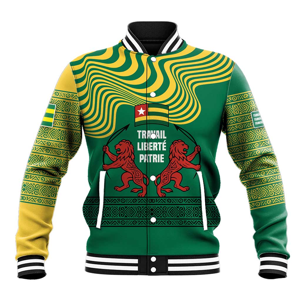 Togo Baseball Jacket with Red Twin Lions and Travail Liberté Patrie Slogan