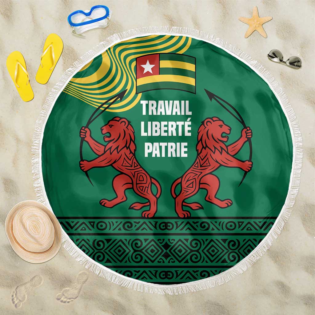 Togo Beach Blanket with Red Twin Lions and Travail Liberté Patrie Slogan