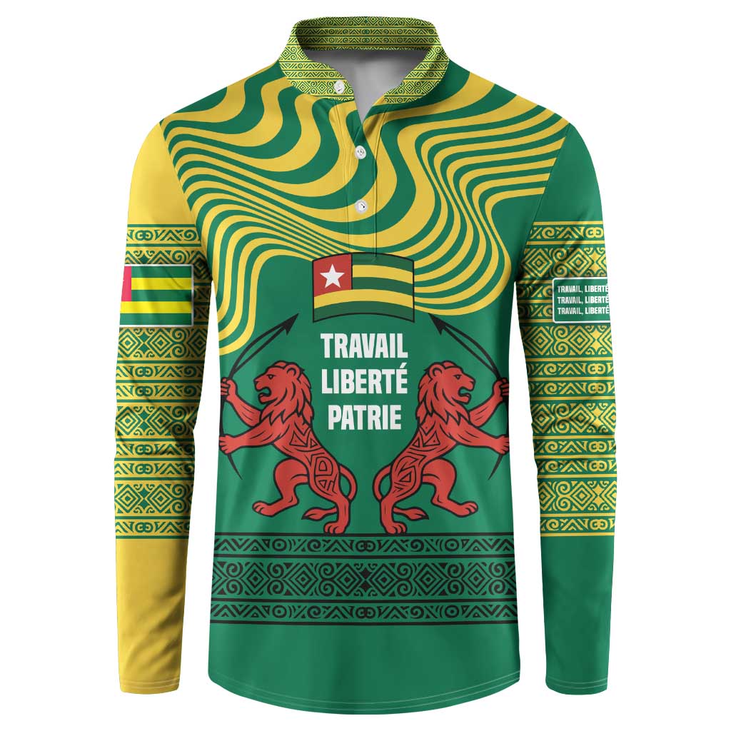 Togo Button Sweatshirt with Red Twin Lions and Travail Liberté Patrie Slogan