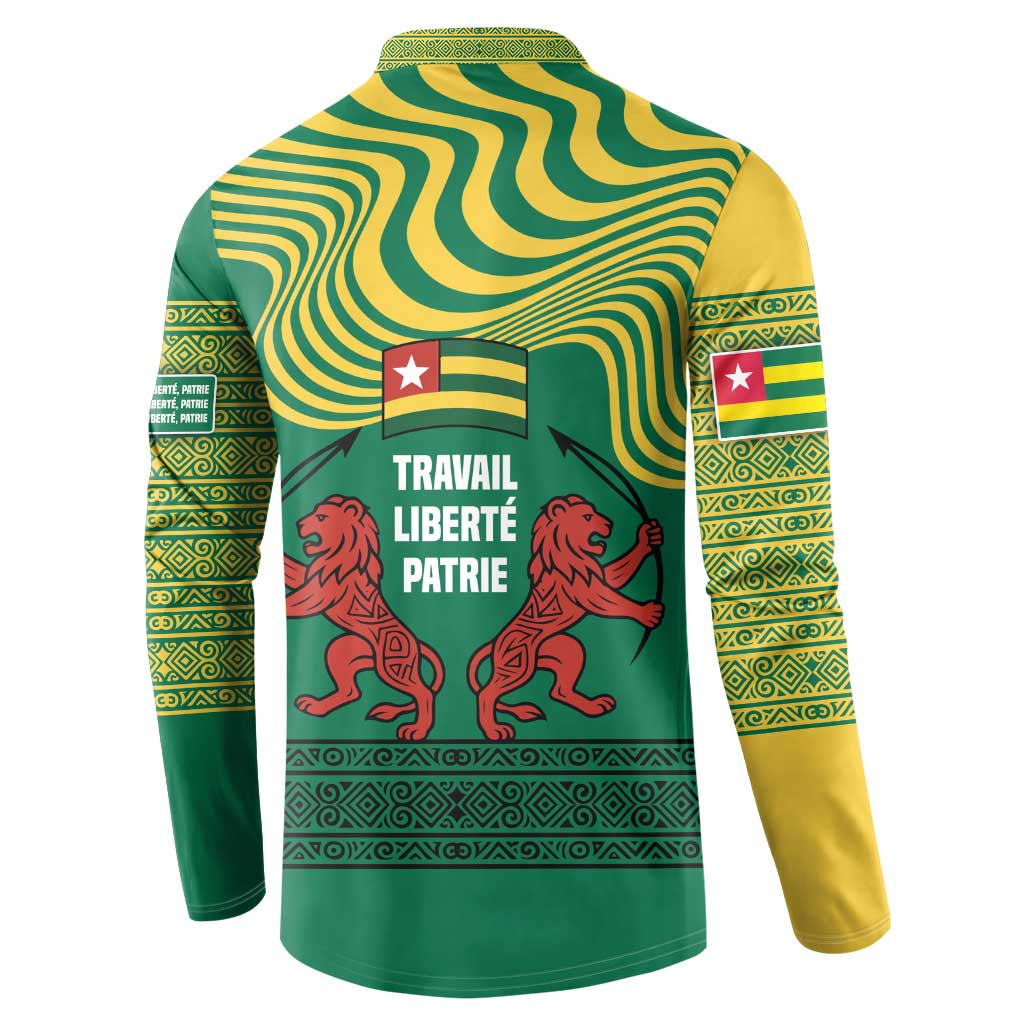 Togo Button Sweatshirt with Red Twin Lions and Travail Liberté Patrie Slogan