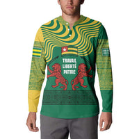 Togo Button Sweatshirt with Red Twin Lions and Travail Liberté Patrie Slogan