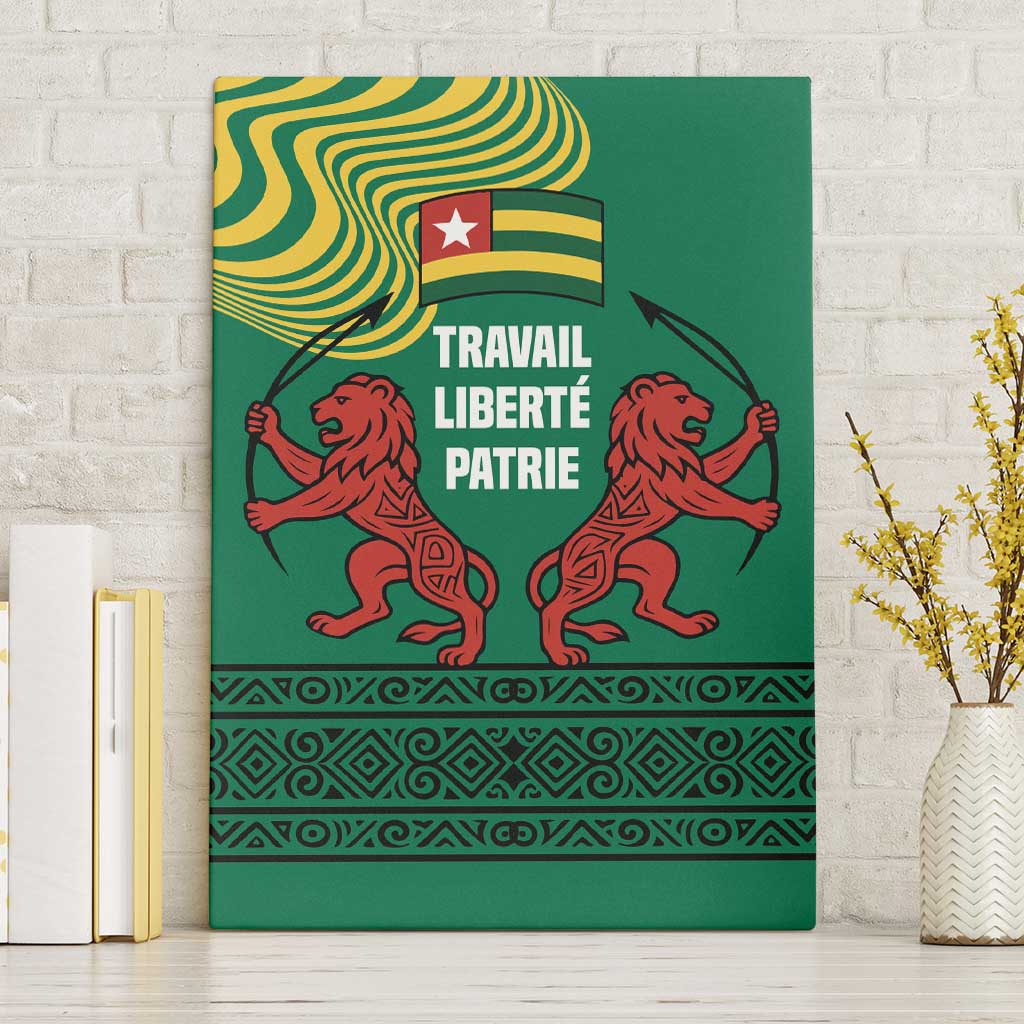 Togo Canvas Wall Art with Red Twin Lions and Travail Liberté Patrie Slogan