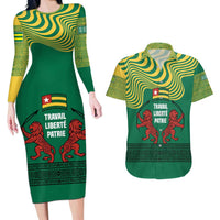 Togo Couples Matching Long Sleeve Bodycon Dress and Hawaiian Shirt with Red Twin Lions and Travail Liberté Patrie Slogan