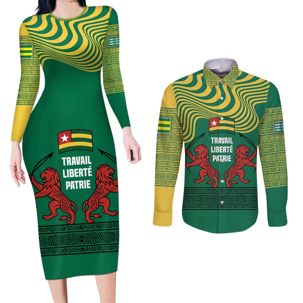Togo Couples Matching Long Sleeve Bodycon Dress and Long Sleeve Button Shirt with Red Twin Lions and Travail Liberté Patrie Slogan