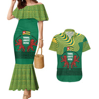 Togo Couples Matching Mermaid Dress and Hawaiian Shirt with Red Twin Lions and Travail Liberté Patrie Slogan