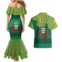 Togo Couples Matching Mermaid Dress and Hawaiian Shirt with Red Twin Lions and Travail Liberté Patrie Slogan
