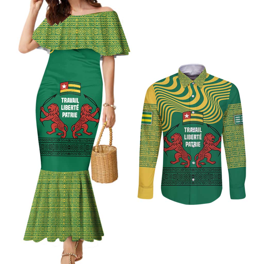Togo Couples Matching Mermaid Dress and Long Sleeve Button Shirt with Red Twin Lions and Travail Liberté Patrie Slogan