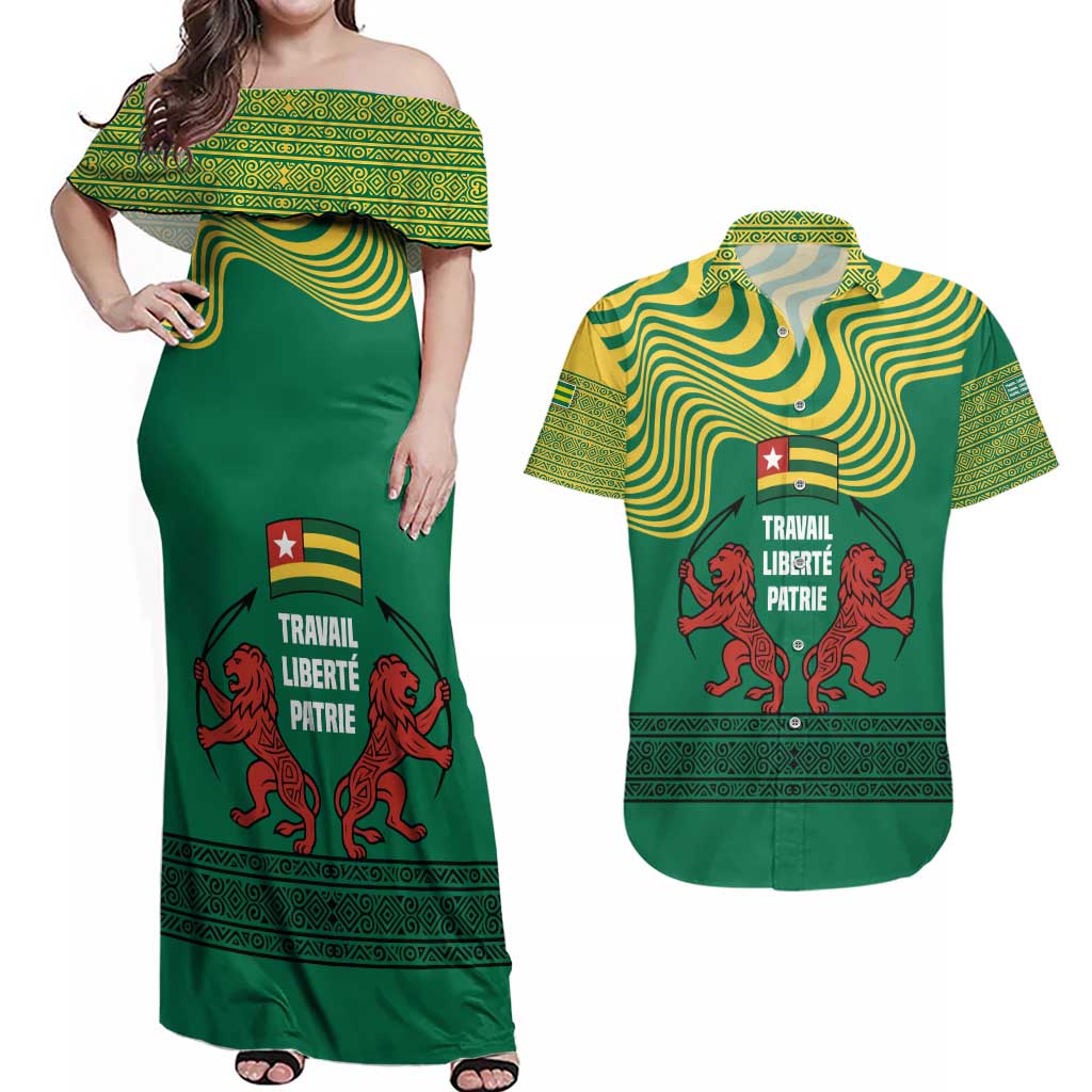 Togo Couples Matching Off Shoulder Maxi Dress and Hawaiian Shirt with Red Twin Lions and Travail Liberté Patrie Slogan