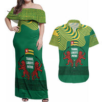 Togo Couples Matching Off Shoulder Maxi Dress and Hawaiian Shirt with Red Twin Lions and Travail Liberté Patrie Slogan