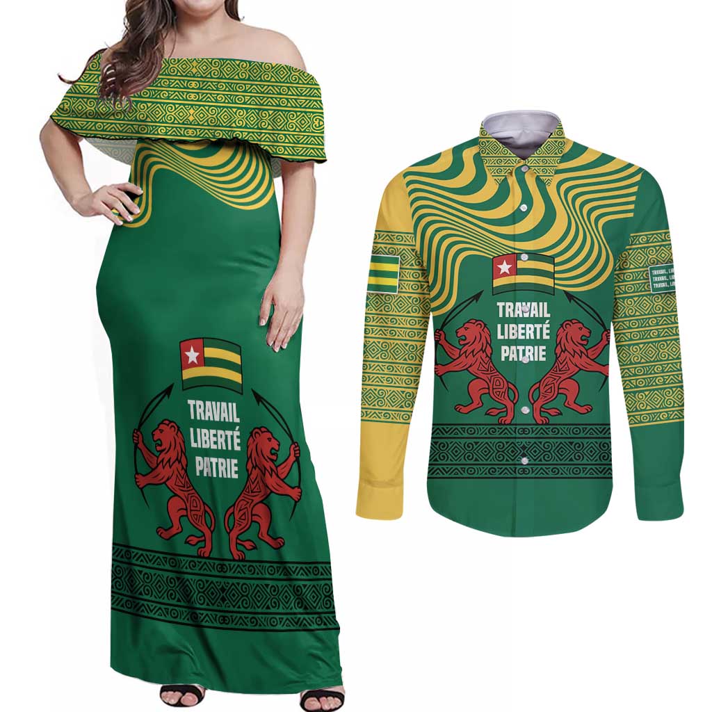 Togo Couples Matching Off Shoulder Maxi Dress and Long Sleeve Button Shirt with Red Twin Lions and Travail Liberté Patrie Slogan