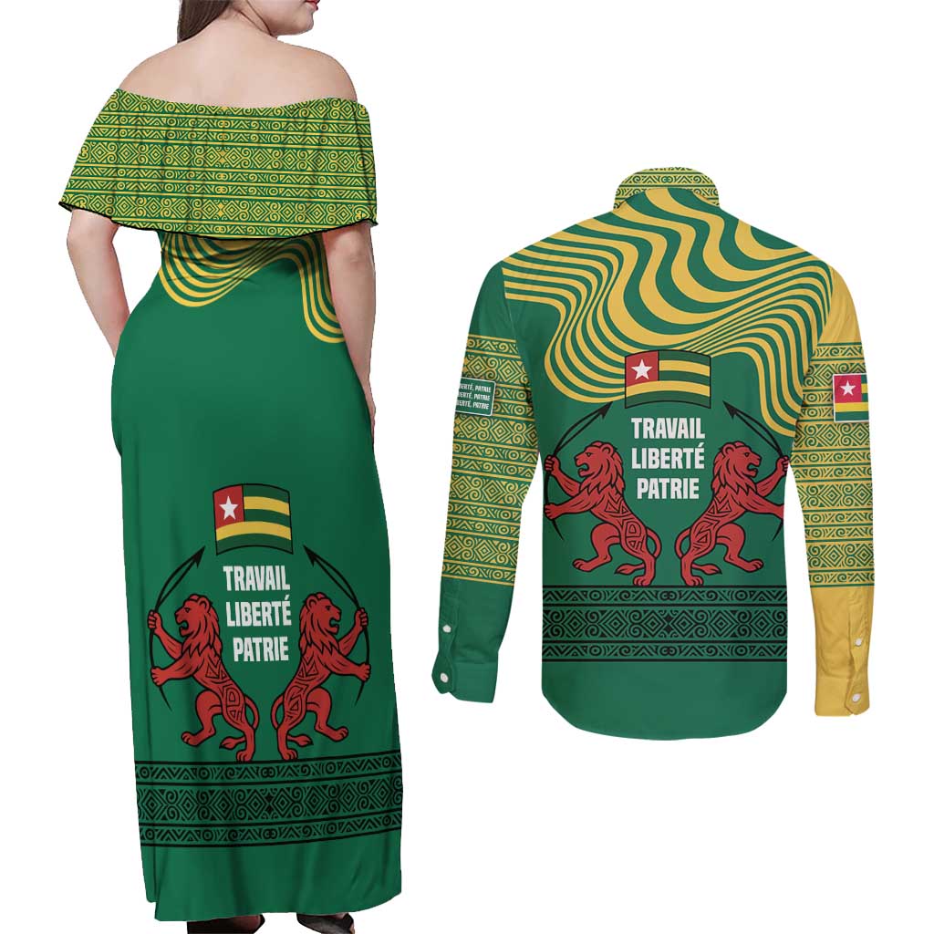 Togo Couples Matching Off Shoulder Maxi Dress and Long Sleeve Button Shirt with Red Twin Lions and Travail Liberté Patrie Slogan