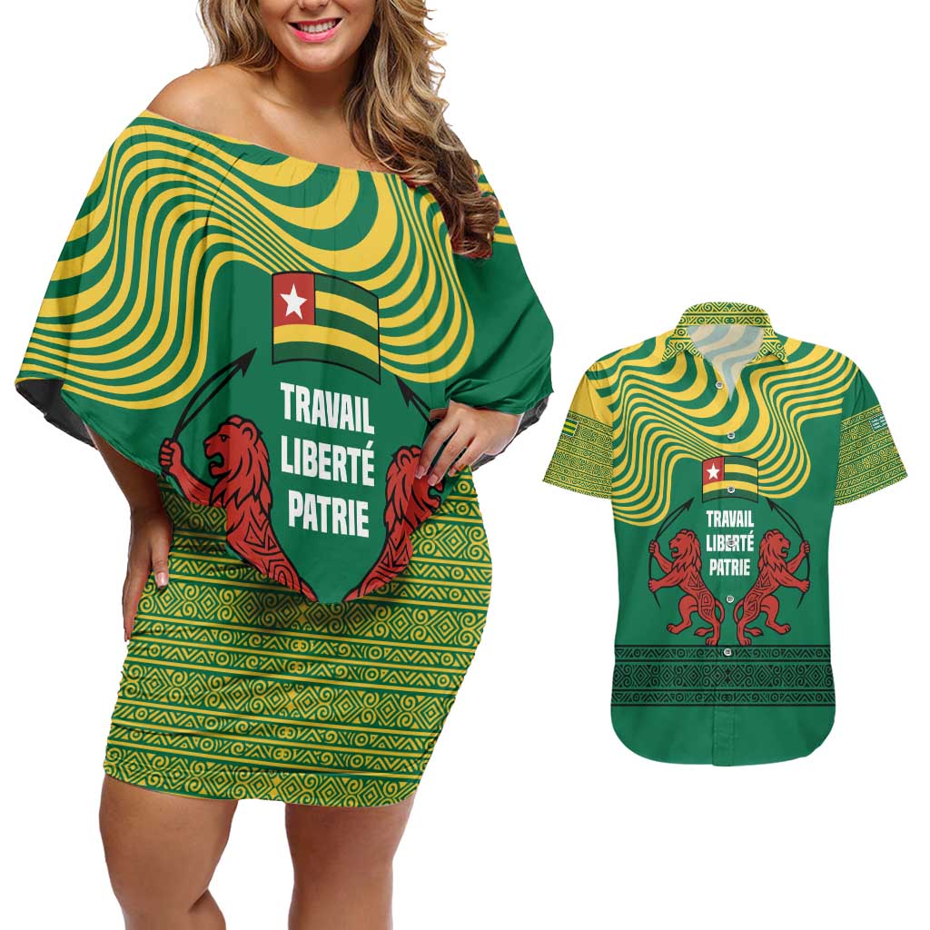 Togo Couples Matching Off Shoulder Short Dress and Hawaiian Shirt with Red Twin Lions and Travail Liberté Patrie Slogan