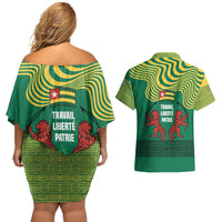 Togo Couples Matching Off Shoulder Short Dress and Hawaiian Shirt with Red Twin Lions and Travail Liberté Patrie Slogan