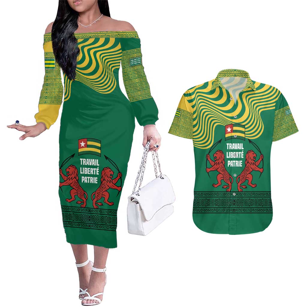 Togo Couples Matching Off The Shoulder Long Sleeve Dress and Hawaiian Shirt with Red Twin Lions and Travail Liberté Patrie Slogan
