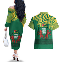 Togo Couples Matching Off The Shoulder Long Sleeve Dress and Hawaiian Shirt with Red Twin Lions and Travail Liberté Patrie Slogan