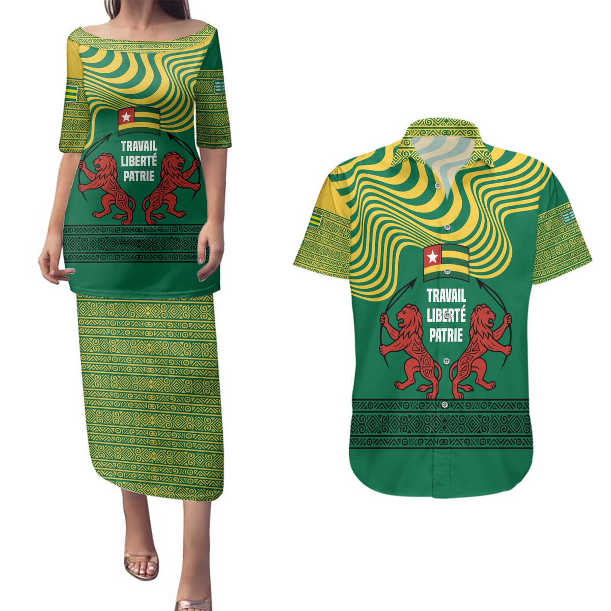 Togo Couples Matching Puletasi and Hawaiian Shirt with Red Twin Lions and Travail Liberté Patrie Slogan