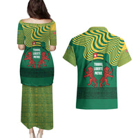 Togo Couples Matching Puletasi and Hawaiian Shirt with Red Twin Lions and Travail Liberté Patrie Slogan