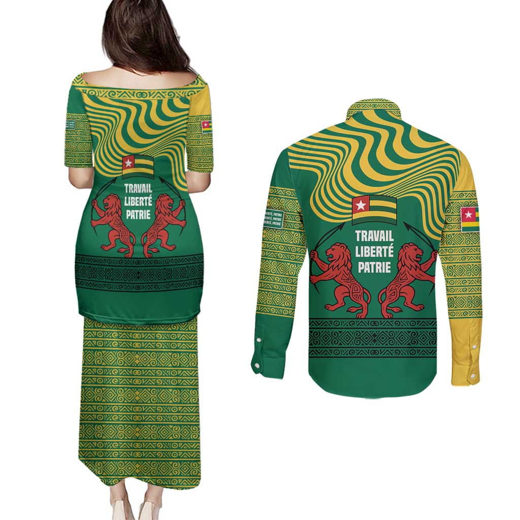 Togo Couples Matching Puletasi and Long Sleeve Button Shirt with Red Twin Lions and Travail Liberté Patrie Slogan