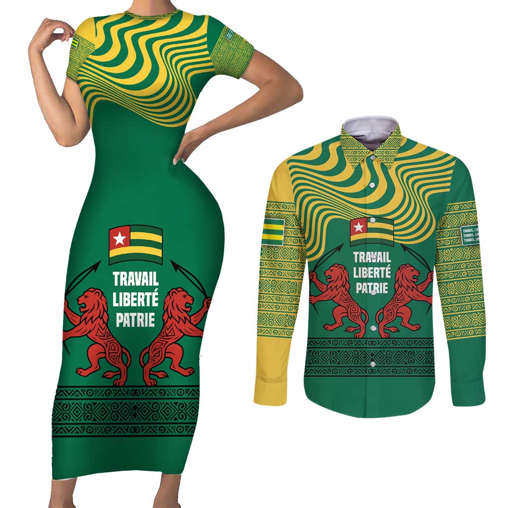 Togo Couples Matching Short Sleeve Bodycon Dress and Long Sleeve Button Shirt with Red Twin Lions and Travail Liberté Patrie Slogan