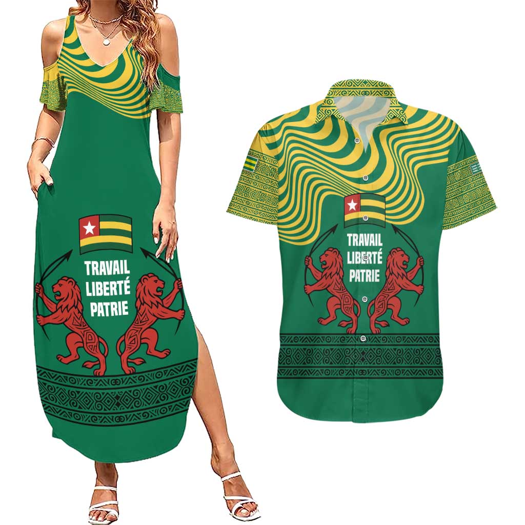 Togo Couples Matching Summer Maxi Dress and Hawaiian Shirt with Red Twin Lions and Travail Liberté Patrie Slogan