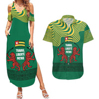 Togo Couples Matching Summer Maxi Dress and Hawaiian Shirt with Red Twin Lions and Travail Liberté Patrie Slogan