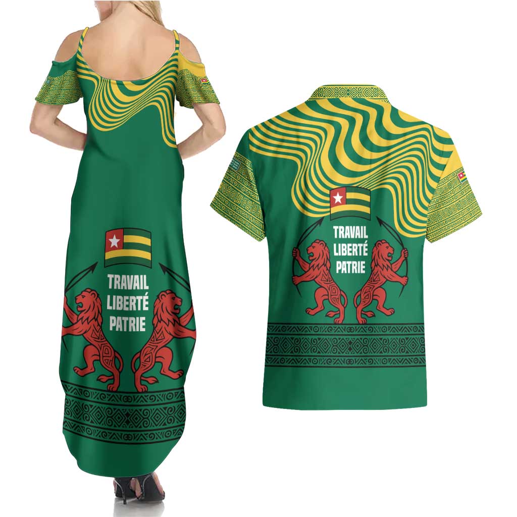 Togo Couples Matching Summer Maxi Dress and Hawaiian Shirt with Red Twin Lions and Travail Liberté Patrie Slogan