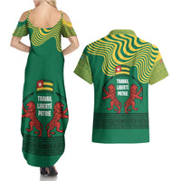 Togo Couples Matching Summer Maxi Dress and Hawaiian Shirt with Red Twin Lions and Travail Liberté Patrie Slogan