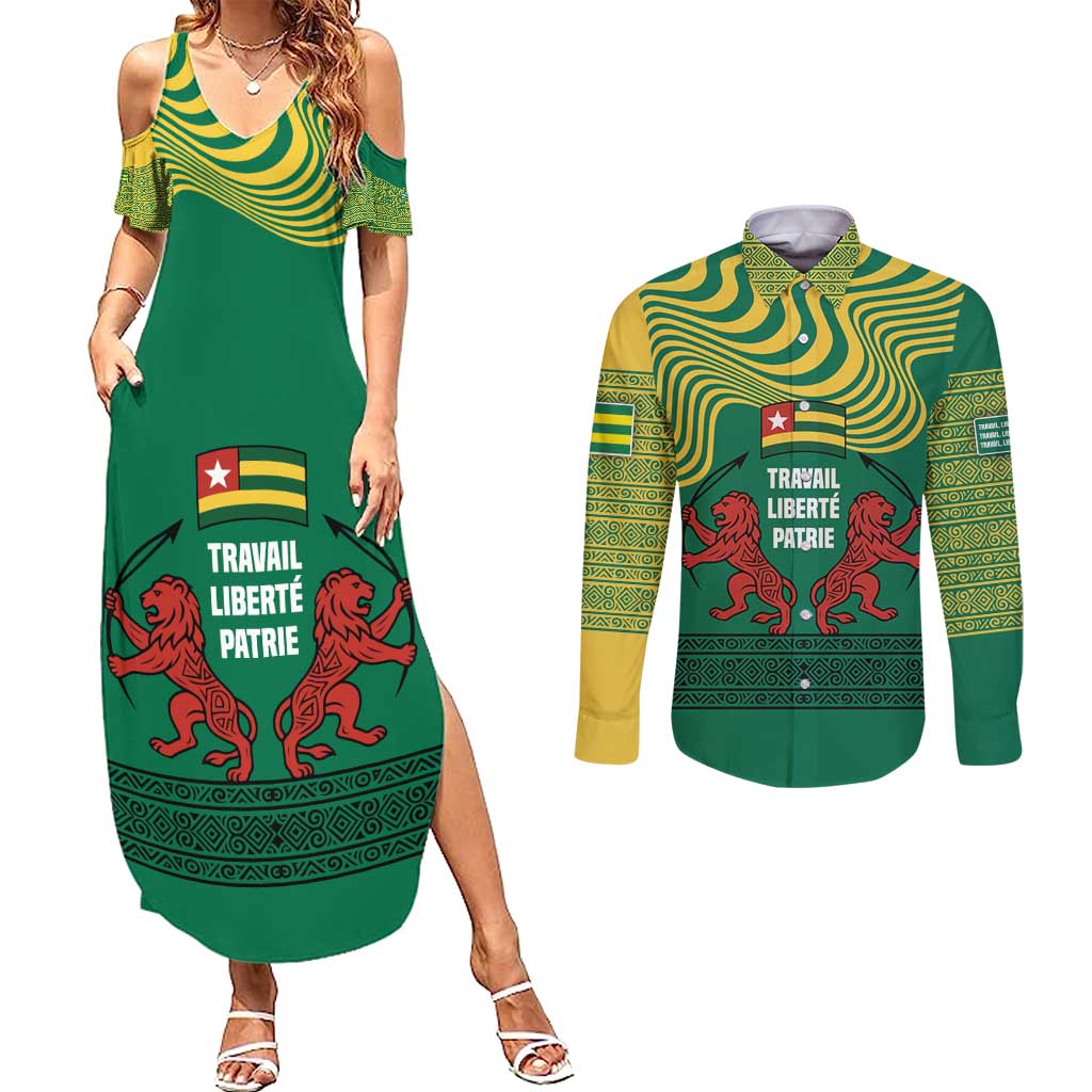 Togo Couples Matching Summer Maxi Dress and Long Sleeve Button Shirt with Red Twin Lions and Travail Liberté Patrie Slogan