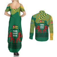 Togo Couples Matching Summer Maxi Dress and Long Sleeve Button Shirt with Red Twin Lions and Travail Liberté Patrie Slogan