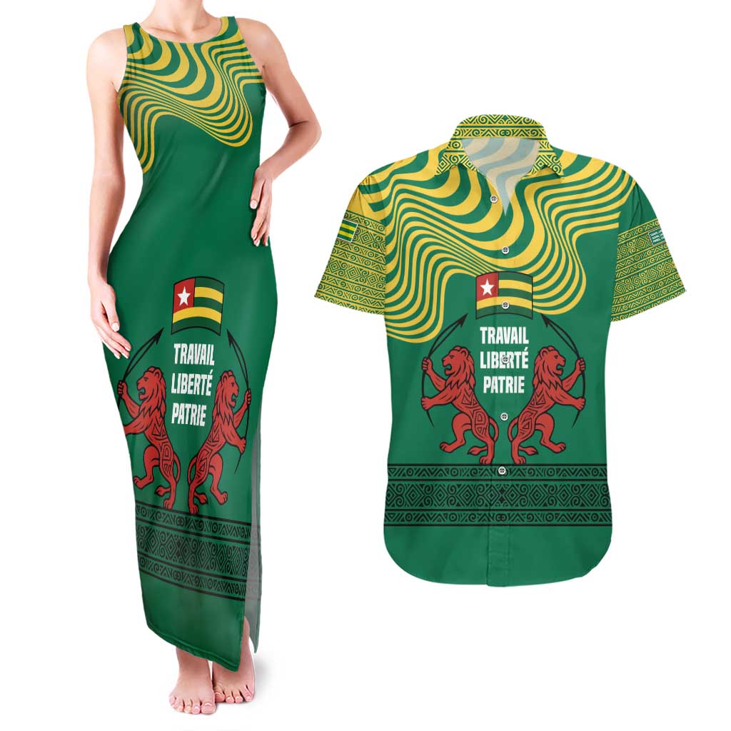 Togo Couples Matching Tank Maxi Dress and Hawaiian Shirt with Red Twin Lions and Travail Liberté Patrie Slogan