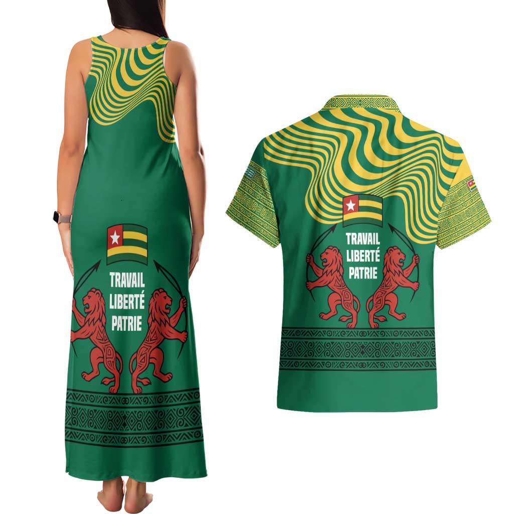 Togo Couples Matching Tank Maxi Dress and Hawaiian Shirt with Red Twin Lions and Travail Liberté Patrie Slogan