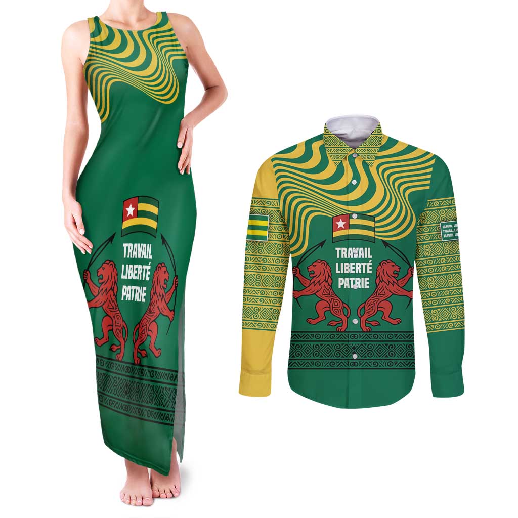 Togo Couples Matching Tank Maxi Dress and Long Sleeve Button Shirt with Red Twin Lions and Travail Liberté Patrie Slogan