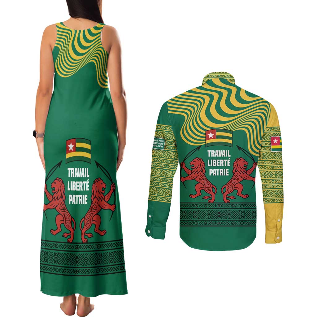 Togo Couples Matching Tank Maxi Dress and Long Sleeve Button Shirt with Red Twin Lions and Travail Liberté Patrie Slogan