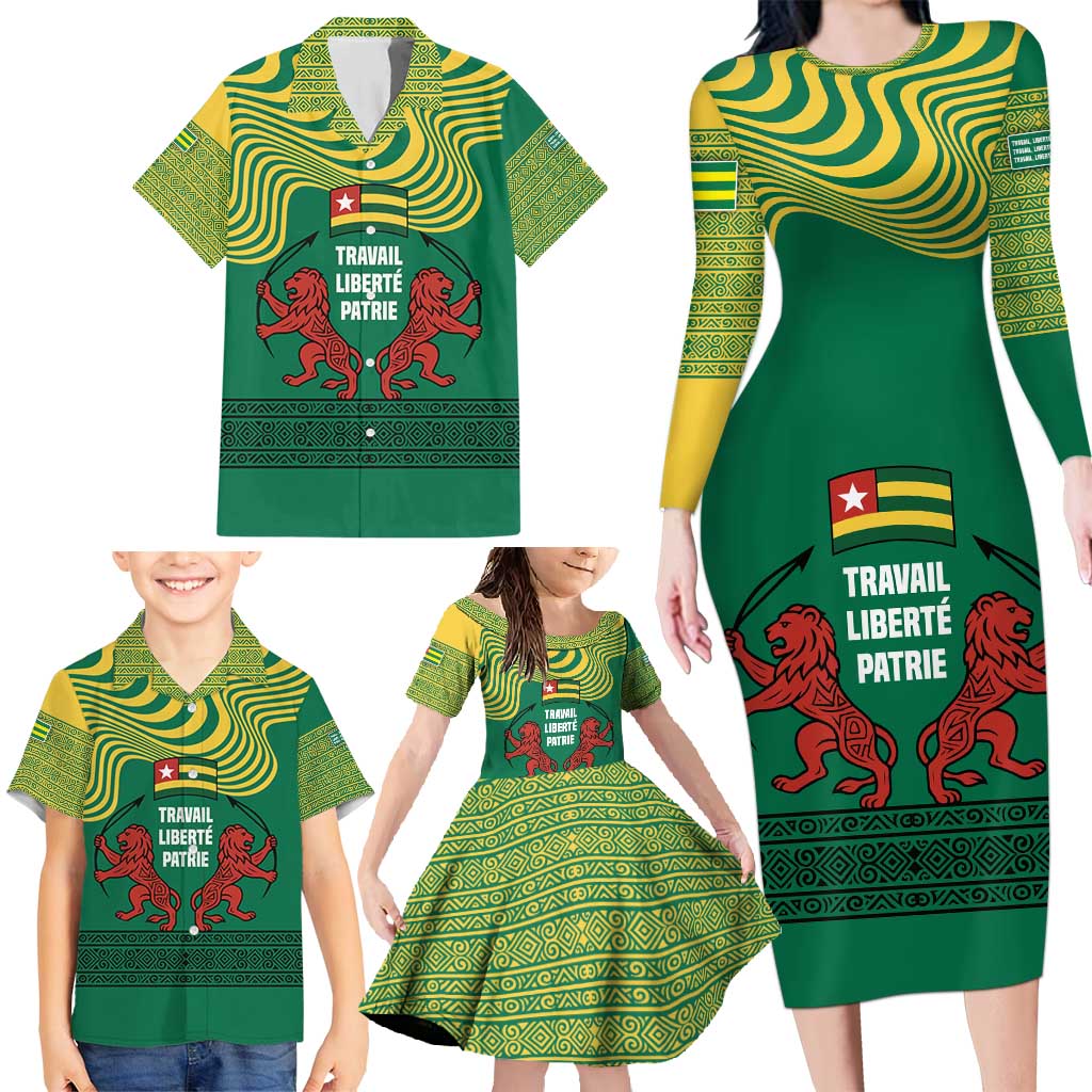 Togo Family Matching Long Sleeve Bodycon Dress and Hawaiian Shirt with Red Twin Lions and Travail Liberté Patrie Slogan
