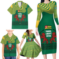 Togo Family Matching Long Sleeve Bodycon Dress and Hawaiian Shirt with Red Twin Lions and Travail Liberté Patrie Slogan