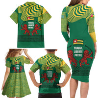 Togo Family Matching Long Sleeve Bodycon Dress and Hawaiian Shirt with Red Twin Lions and Travail Liberté Patrie Slogan