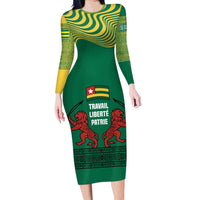Togo Family Matching Long Sleeve Bodycon Dress and Hawaiian Shirt with Red Twin Lions and Travail Liberté Patrie Slogan
