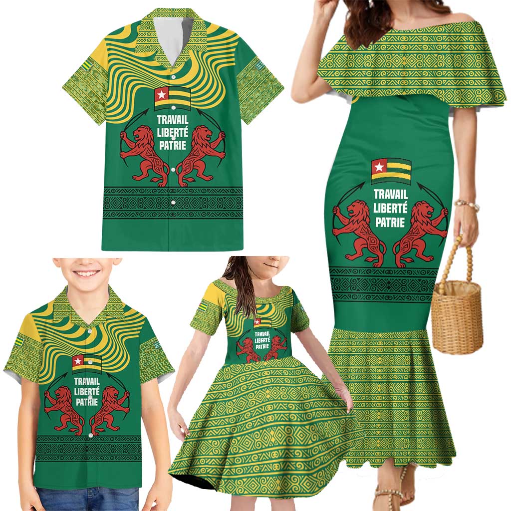 Togo Family Matching Mermaid Dress and Hawaiian Shirt with Red Twin Lions and Travail Liberté Patrie Slogan