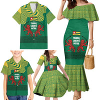 Togo Family Matching Mermaid Dress and Hawaiian Shirt with Red Twin Lions and Travail Liberté Patrie Slogan
