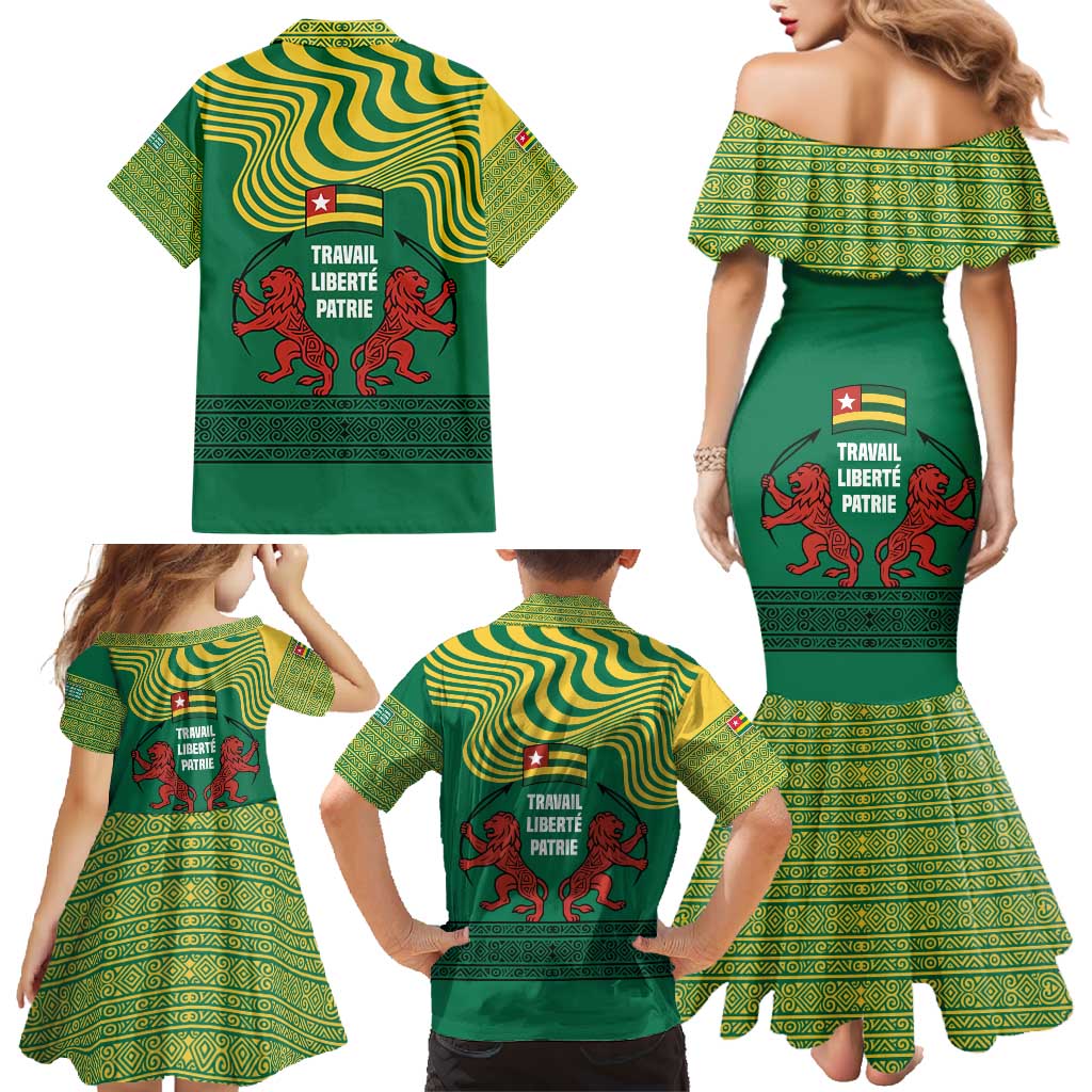 Togo Family Matching Mermaid Dress and Hawaiian Shirt with Red Twin Lions and Travail Liberté Patrie Slogan