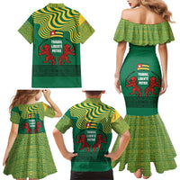Togo Family Matching Mermaid Dress and Hawaiian Shirt with Red Twin Lions and Travail Liberté Patrie Slogan