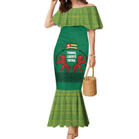 Togo Family Matching Mermaid Dress and Hawaiian Shirt with Red Twin Lions and Travail Liberté Patrie Slogan