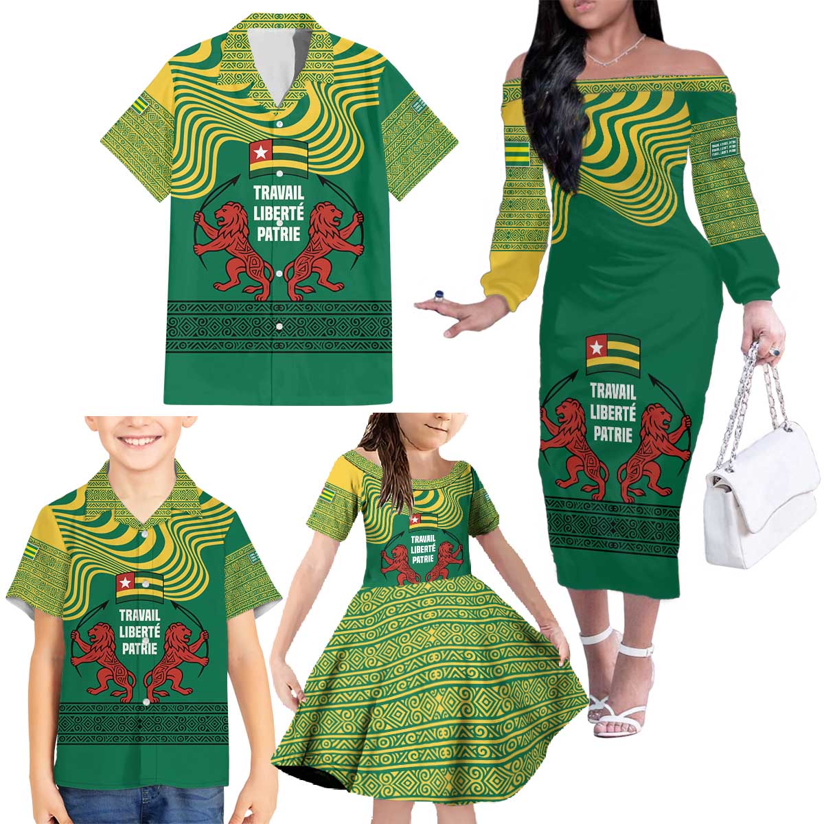 Togo Family Matching Off The Shoulder Long Sleeve Dress and Hawaiian Shirt with Red Twin Lions and Travail Liberté Patrie Slogan
