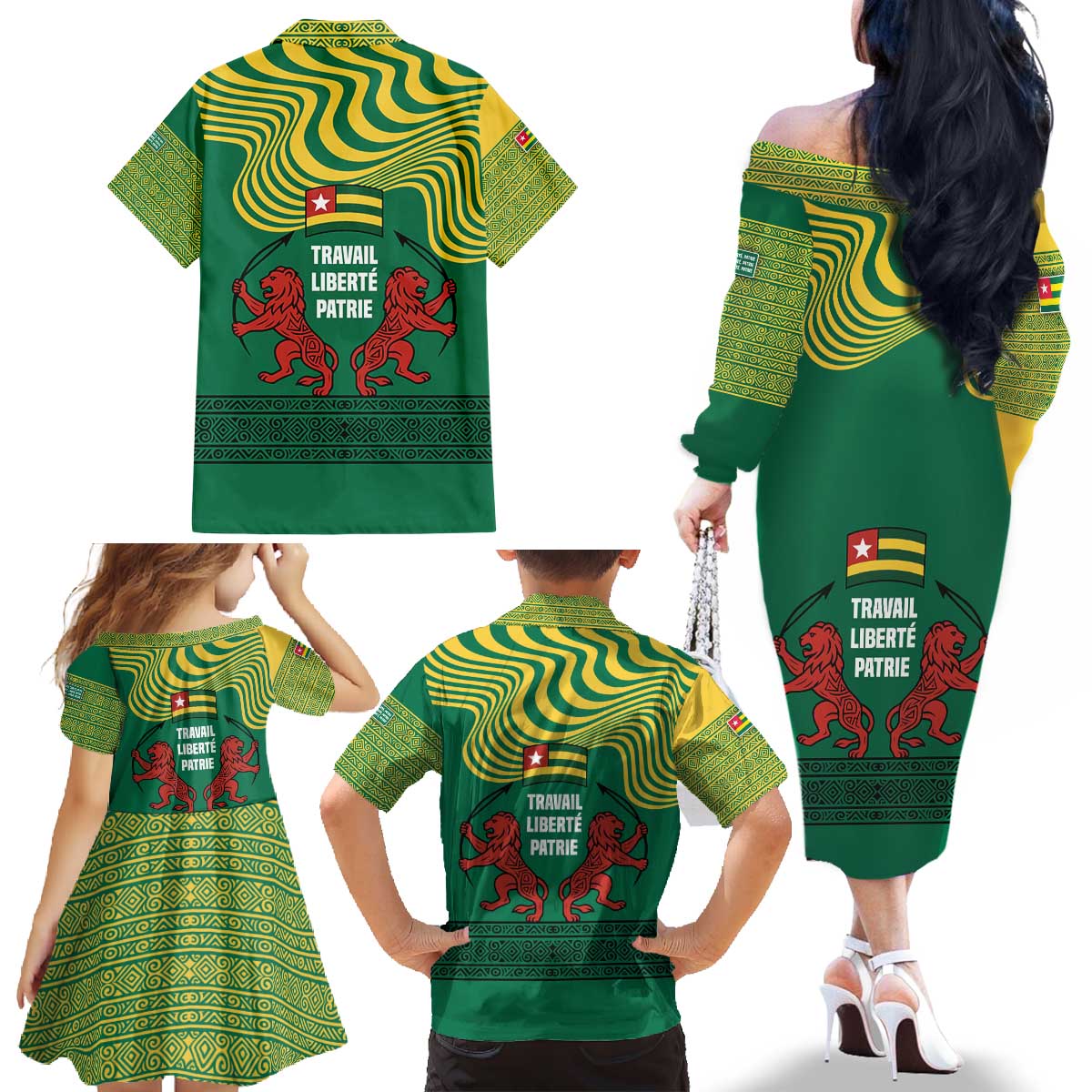 Togo Family Matching Off The Shoulder Long Sleeve Dress and Hawaiian Shirt with Red Twin Lions and Travail Liberté Patrie Slogan