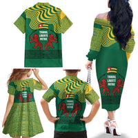 Togo Family Matching Off The Shoulder Long Sleeve Dress and Hawaiian Shirt with Red Twin Lions and Travail Liberté Patrie Slogan