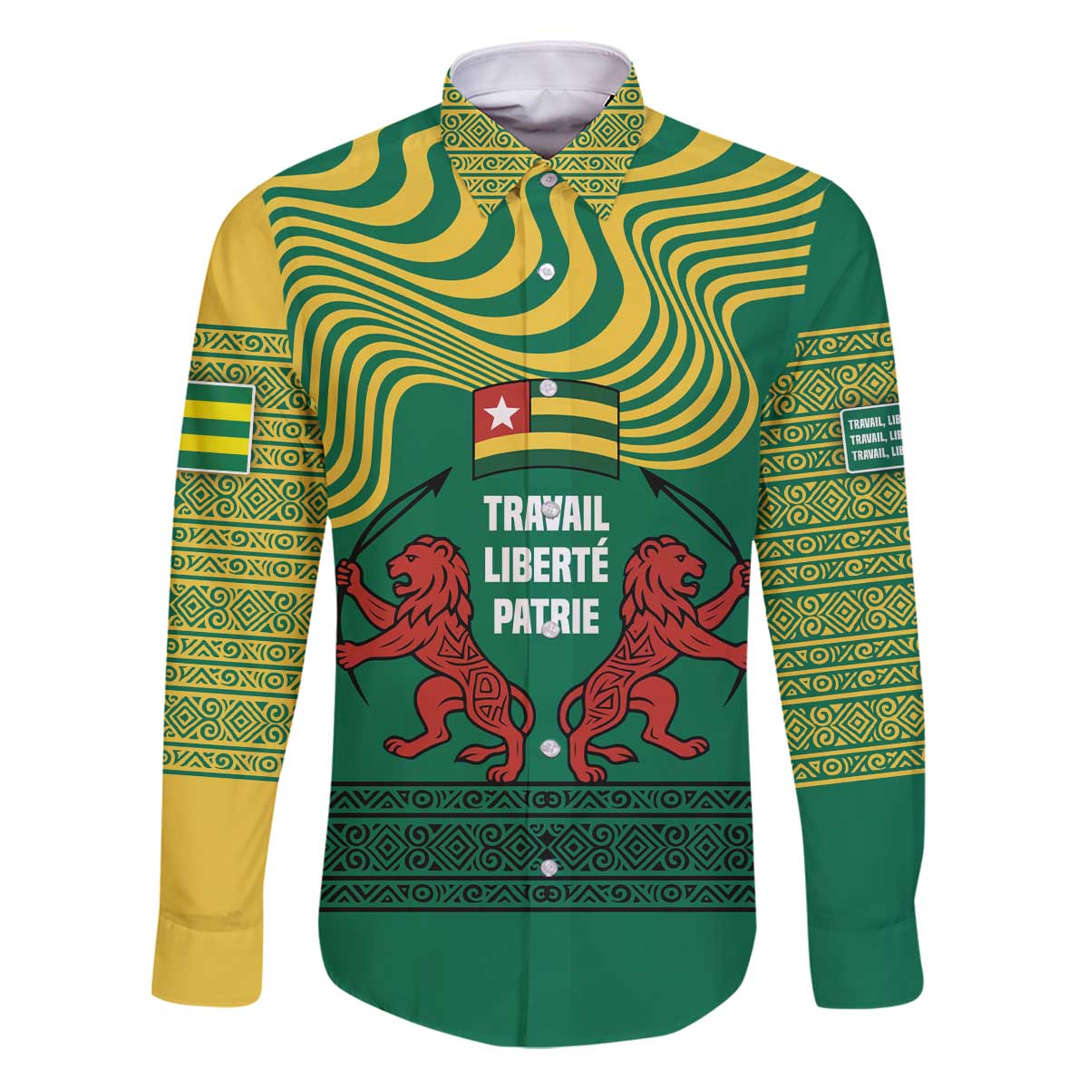 Togo Family Matching Off The Shoulder Long Sleeve Dress and Hawaiian Shirt with Red Twin Lions and Travail Liberté Patrie Slogan