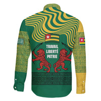 Togo Family Matching Off The Shoulder Long Sleeve Dress and Hawaiian Shirt with Red Twin Lions and Travail Liberté Patrie Slogan