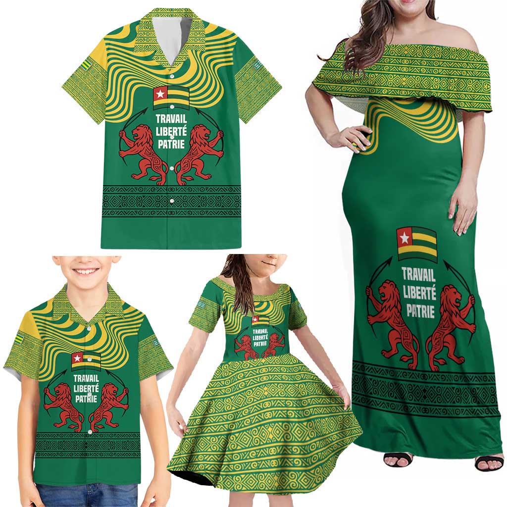 Togo Family Matching Off Shoulder Maxi Dress and Hawaiian Shirt with Red Twin Lions and Travail Liberté Patrie Slogan