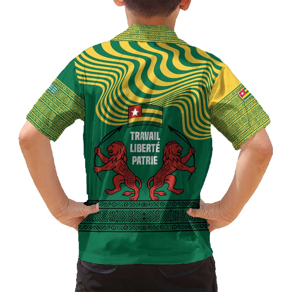 Togo Family Matching Off Shoulder Short Dress and Hawaiian Shirt with Red Twin Lions and Travail Liberté Patrie Slogan